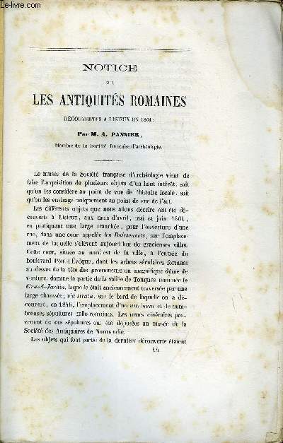 BULLETIN MONUMENTAL 3e SERIE TOME 8, 28e VOLUME N3 - NOTICE SUR LES ANTIQUITES ROMAINES DECOUVERTES A LISIEUX EN 1861 PAR M. A. PANNIER