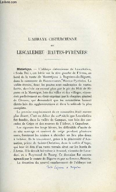BULLETIN MONUMENTAL 92e VOLUME DE LA COLLECTION N2 - L'ABBAYE CISTERCIENNE DE LESCALEDIEU (HAUTES-PYRENEES) PAR LE CHANOINE J-R. MARBOUTIN