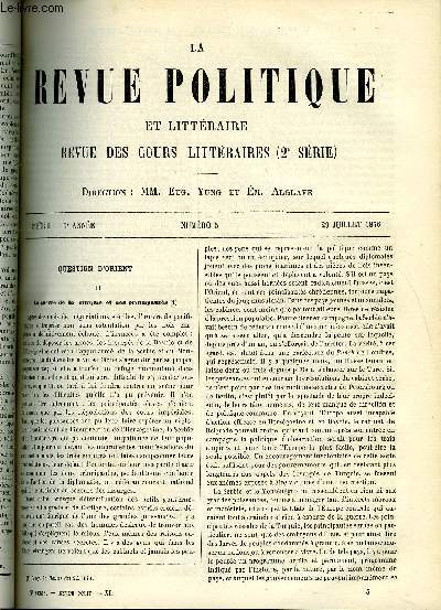 LA REVUE POLITIQUE ET LITTERAIRE 6e ANNEE - 1er SEMESTRE N5 - LA GUERRE DE LA TURQUIE ET DES PRINCIPAUTES PAR ANATOLE LEROY-BEAULIEU, LA DECLARATION DE GUERRE EN 1870, LE THEATRE CONTEMPORAIN EN ITALIE - PIETRO COSSA PAR ALPHONSE AULARD