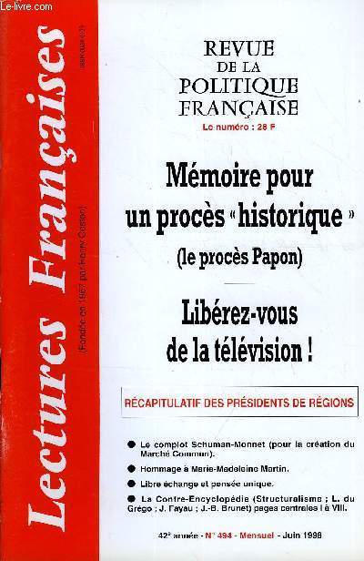 LECTURES FRANCAISES N 494 - MEMOIRE POUR UN PROCES 