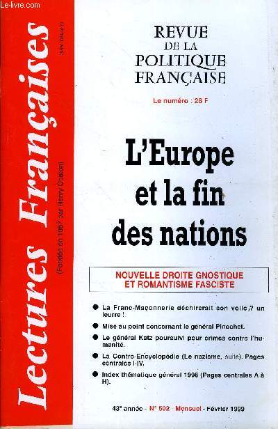 LECTURES FRANCAISES N 502 - L'EUROPE ET LA FIN DES NATIONS, NOUVELLE DROITE GNOSTIQUE ET ROMANTISME FASCISTE, LE FRANC-MACONNERIE DECHIRERAIT SON VOILE ? UN LEURRE, MISE AU POINT CONCERNANT LE GENERAL PINOCHET