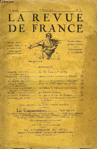 LA REVUE DE FRANCE 2e ANNEE N5 - MARCEL PRVOST de l'Acadmie Franaise Les Don Juanes (1re partie)..ANTOINE BCLRE de l'Acadmie de Mdecine.. Madame Curie  l'Acadmie de Mdecine..RAYMOND RECOULY.