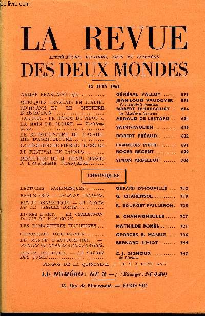 LA REVUE LITTERATURE, HISTOIRE, ARTS ET SCIENCES DES DEUX MONDES N12 - ARME FRANAISE 1961.. GNRAL VALLUY QUELQUES FRANAIS EN ITALIE. JEAN-LOUIS VAUDOYER. de l'Academie franaise. EICHMANN ET LE MYSTERE D'ABJECTION. ROBERT D'HARCOURT.