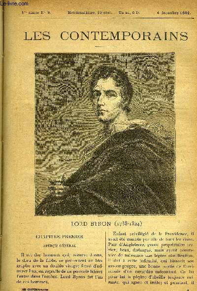 Les contemporains n 8 - Lord Byron (1788-1824) - Chapitre premier : aperu gnral, Chapitre II : la premire jeunesse, Chapitre III : dbuts littraires et parlementaires, Chapitre IV : deux ans en Angleterre, Mariage de Byron, Chapitre V : voyageur