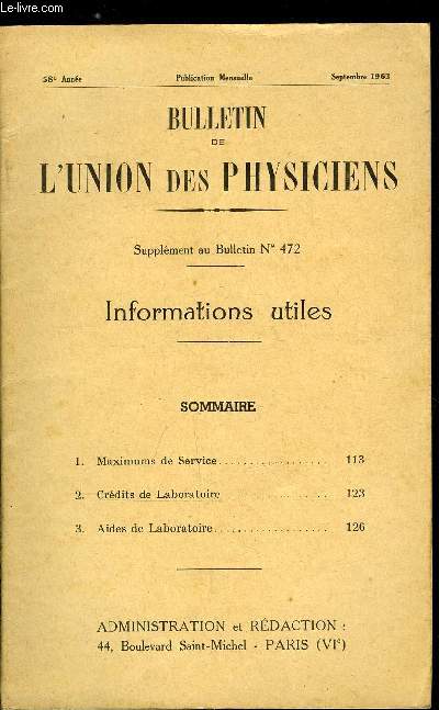 Supplment au Bulletin de l'union des physiciens n 472 - Maximums de Service, Crdits de laboratoire, Aides de laboratoire