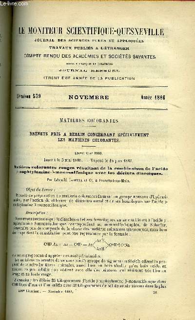 Le moniteur scientifique : journal des sciences pures et appliques n 539 - Matires colorantes rouges rsultant de la combinaison de l'acide naphtylamine, monosulfonique avec les drivs diazoques par Lopold Casella, Matires colorantes azoques