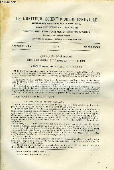 Le moniteur scientifique du docteur Quesneville n 750 - Quelques documents sur l'histoire du carbure de calcium - a propos d'une rclamation de M. Bullier, Essais sur les vernis, Sur la rsine du pinus silvestris par A. Tschirch et B. Niederstadt