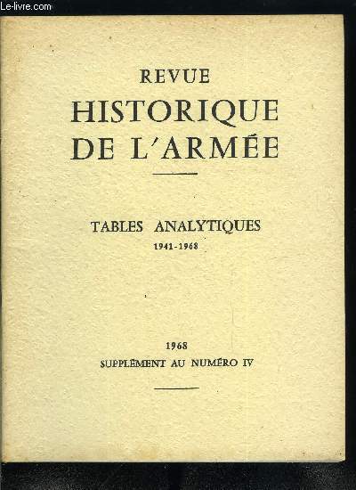 Revue historique des armes - tables analytiques 1941-1968