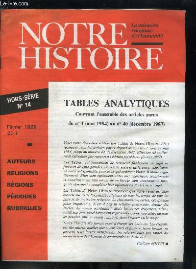 Notre histoire hors srie n 14 - Tables analytiques couvrant l'ensemble des articles parus du n 1 (mai 1984) au n 40 (dcembre 1987)