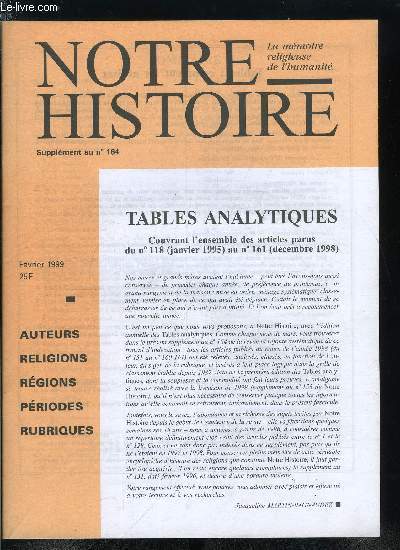 Notre histoire hors srie - - Tables analytiques couvrant l'ensemble des articles parus du n 118 (janvier 1995) au n 161 (dcembre 1998)