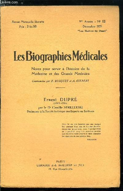 Les biographies mdicales n 12 - Ernest Dupr (1862-1921)