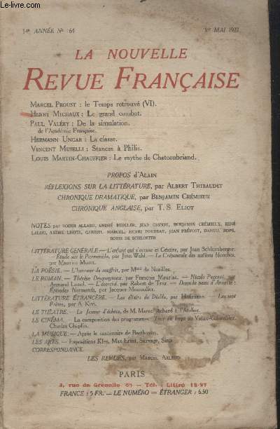 COLLECTION LA NOUVELLE REVUE FRANCAISE N 164.