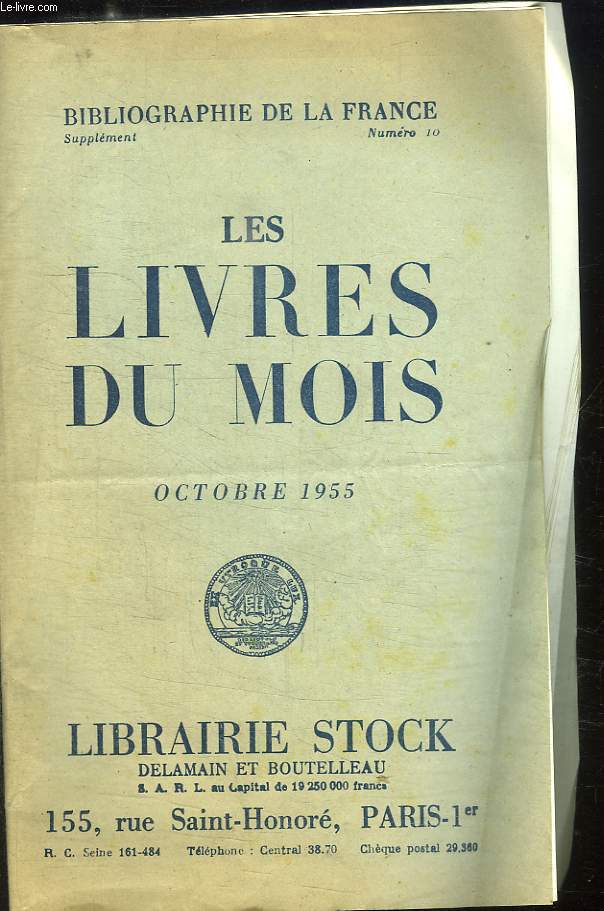 CATALOGUE N 10 LIBRAIRIE STOCK OCTOBRE 1955.