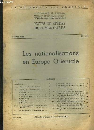 LA DOCUMENTATION FRANCAISE N 1592 DU 21 MARS 1952. SOMMAIRE: LES NATIONALISATIONS EN EUROPE ORIENTALE.