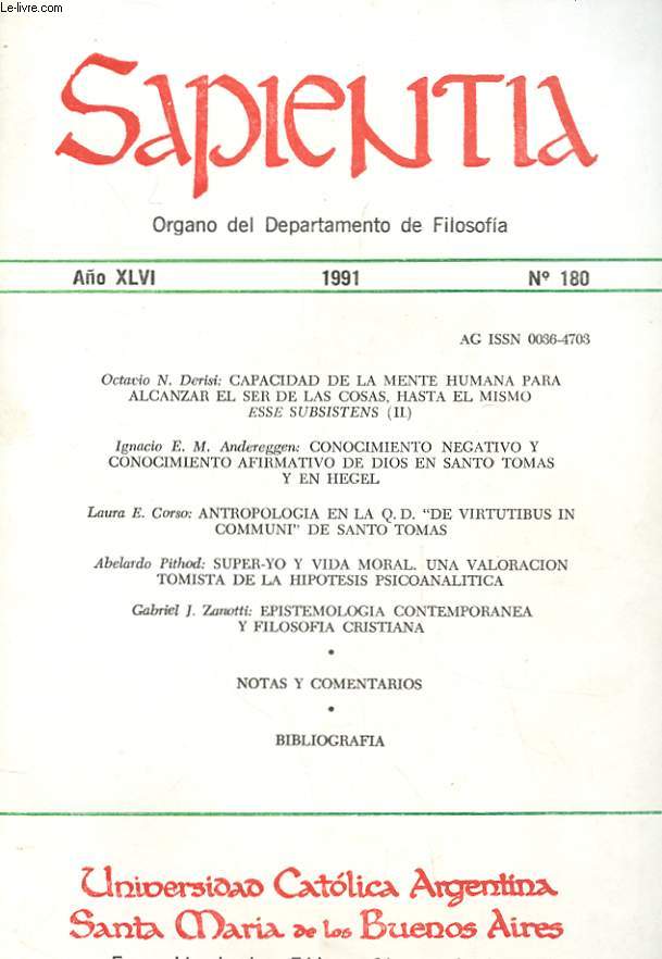 SAPIENTIA N180 ANO XLVI - ORGANO DEL DEPARTMENTO DE FILOSOFIA
