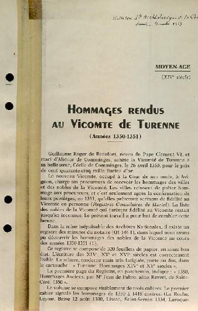 Hommages rendus au Vicomte de Turenne (Annes 1350 - 1351) (Exemplaire polycopi)