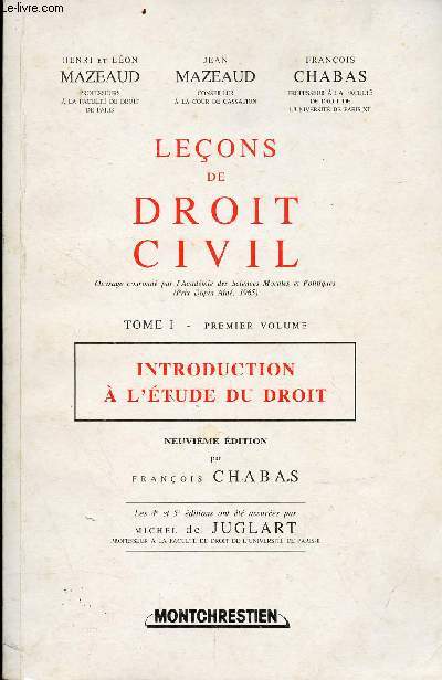 Leons de droit civil - Tome 1 - Premier volume - Introduction  l'tude de droit - Neuvime dition