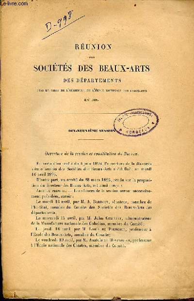 Discours procs-verbaux et rapport - Runion des socits des beaux-arts des dpartements dans la salle de l'hmicycle de l'cole nationale des beaux arts en 1895.