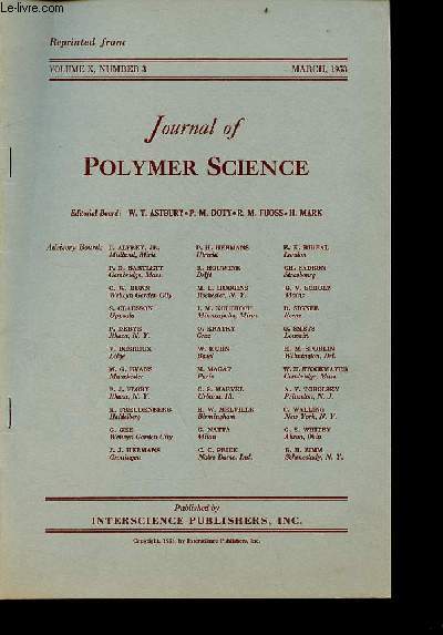 Extrait du Journal of Polymer Science number 3 volume X march 1953 - Diffusion molculaire de la lumire les constantes de Lord Raylegh des liquides talons par A.Rousset et R.Lochet.