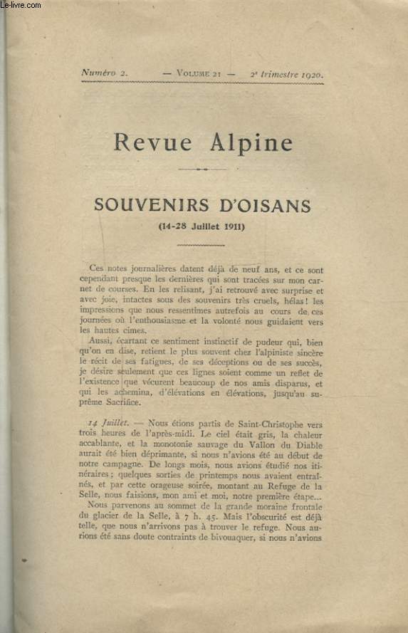 REVUE ALPINE VOLUME 21 N2 : SOUVENIRS D OISANS