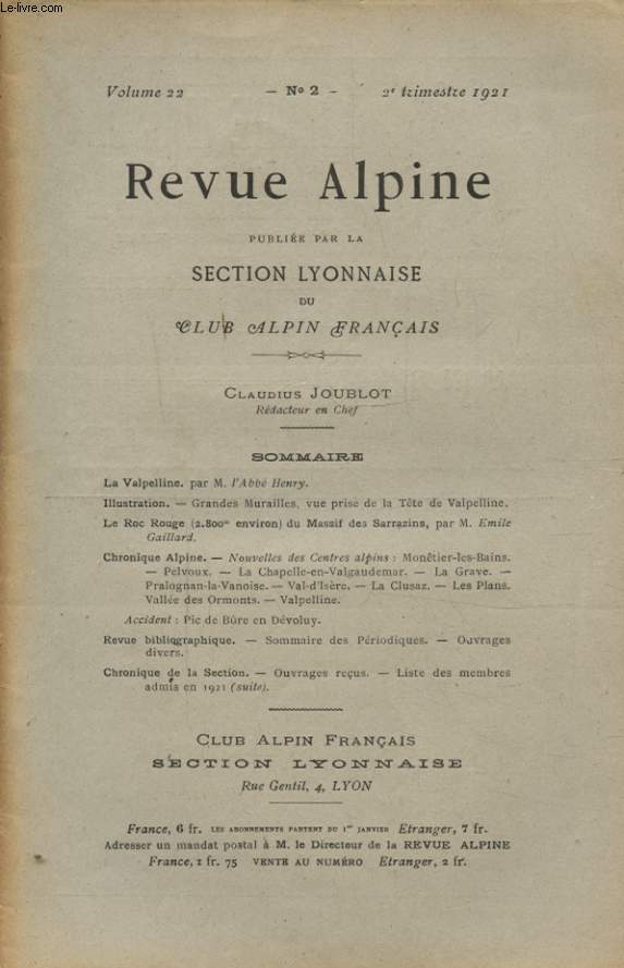 REVUE ALPINE VOLUME 22 N2 : LA VALPELLINE - LE ROC ROUGE...