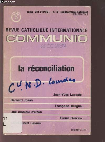 REVUE CATHOLIQUE INTERNATIONALE COMMUNIO - TOME VIII N5 - SEPT.-OCT. 1983 - LA RECONCILIATION.