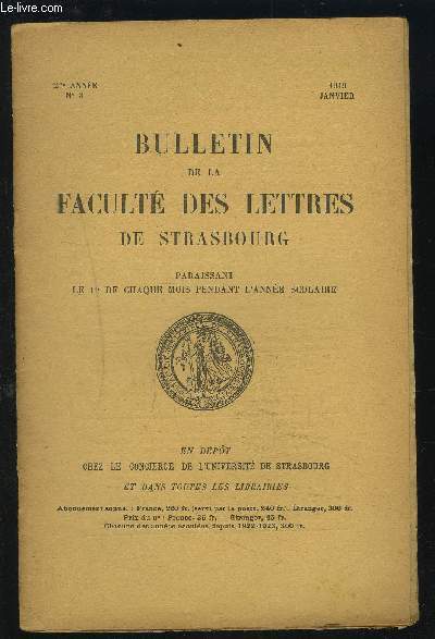 BULLETIN DE LA FACULTE DES LETTRES DE STRASBOURG - N3, 27 ANNEE, JANVIER 1949 : La correspondance de Cicron + Groupe des tudes latines de Strasbourg + Histoire Grecque + Dmosthne...etc.