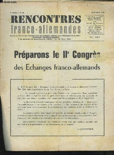 RENCONTRES FRANCO-ALLEMANDES - N36 / 7 ANNEE SEPTEMBRE 1965 : PREPAROBS LE II CONGRES DES ECHANGES FRANCO-ALLEMANDS...ETC.
