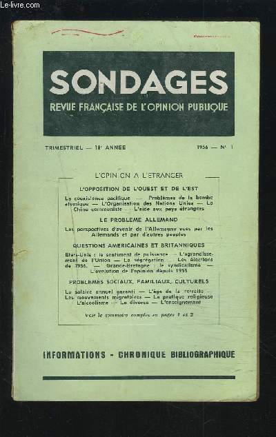 SONDAGES - REVUE N1 / 1956 / 17 ANNEE : L'OPINION A L'ETRANGER - L'opposition de l'ouest et de l'est.