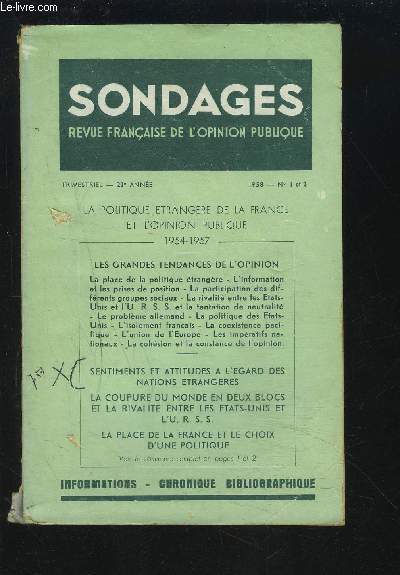 SONDAGES - REVUE N1+2 / 1958 / 20 ANNEE : LA POLITIQUE ETRANGERE DE LA FRANCE ET L'OPINION PUBLIQUE 1954-1957.