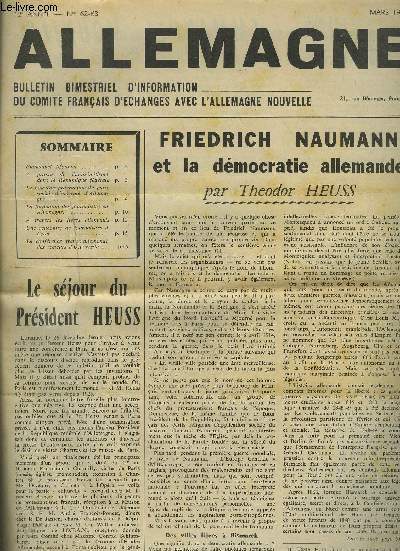 ALLEMAGNE - N62-63 - 12 ANNEE : Friedrich Naumann et la dmocratie allemande + A propos de l'antismitisme dans la rpublique fdrale + Le nouveau programme du parti social-dmocrate d'allemagne...etc.