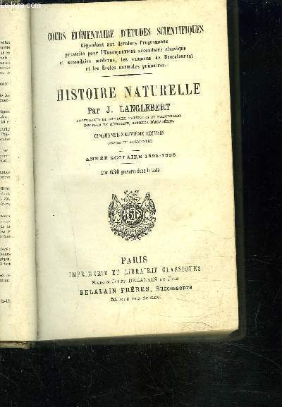 HISTOIRE NATURELLE- ANNEE SCOLAIRE 1895-1896