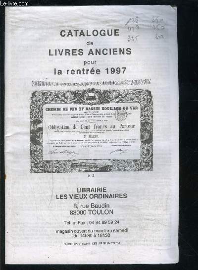 CATALOGUE DE LIVRES ANCIENS POUR LA RENTREE 1997- LIBRAIRIE LES VIEUX ORDINAIRES TOULON