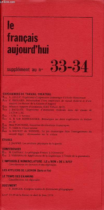 LE FRANCAIS AUJOURD'HUI SUPPLEMENT AU N33-34