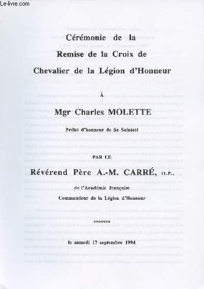 CERENOMIE DE LA REMISE DE LA CROIX DE CHEVALIER DE LA LEGION D'HONNEUR A Mgr Charles MOLETTE - Le samedi 17 septembre 1994.