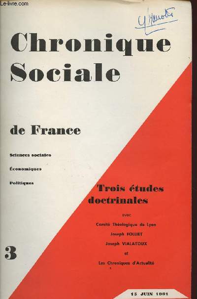 CHRONIQUE SOCIALE DE FRANCE N3 - 15 JUIN 1961