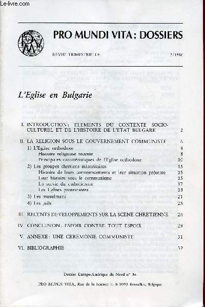 PRO MUNDI VITA - DOSSIERS EUROPE-AMERIQUE DU NORD N34 - 3/1986 : L'EGLISE EN BULGARIE