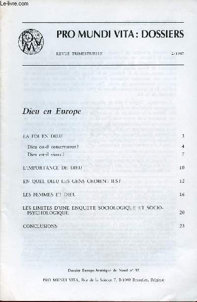 PRO MUNDI VITA - DOSSIERS EUROPE-AMERIQUE DU NORD N37- 2/1987 : DIEU EN EUROPE