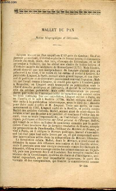 BIBLIOTHEQUE POPULAIRE N426 : MALLET DU PAN : MEMOIRES : La runion des Trois Etats en 1789 / Vexations contre Mallet / Dernier article de Mallet dans le 