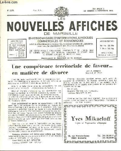 N2276 - Du 2 au 4 Novembre 1978 - LES NOUVELLES AFFICHES DE MARSEILLE : Une comptence territoriale de faveur ... en matire de divorce, par A. Arezky - 