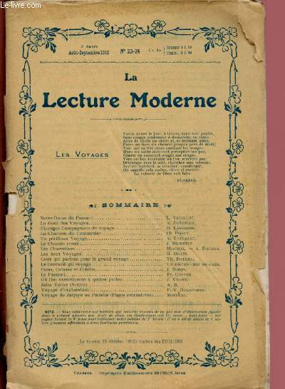 N23-24 - 2E ANNEE - AOUT/SEPTEMBRE 1910 - LA LECTURE MODERNE : Le chemin creux, par J. Richepin - Les deux voyages, par R. Bazin - Le passant, par Fr. Copp. ,etc.