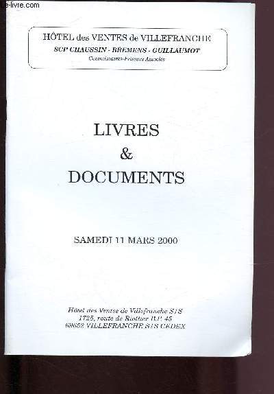 CATALOGUE DE VENTES AUX ENCHERES - 11 MARS 2000 - HOTEL DES VENTES DE VILLEFRANCHE : livres & documents