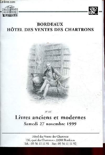 Catalogue de vente aux enchres - 27 novembre 1999 - Htel des ventes des Chartrons - Bordeaux : livres anciens et modernes