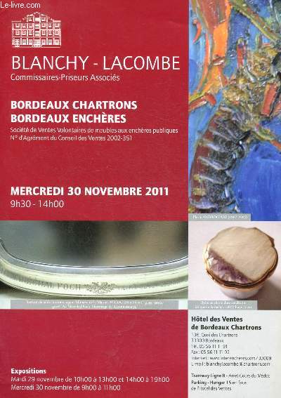Catalogue de vente aux enchres :  30 novembre 2011 - Htel des ventes de Bordeaux Chartrons : bijoux or, meubles et objets mobiliers XVIII et XIXe