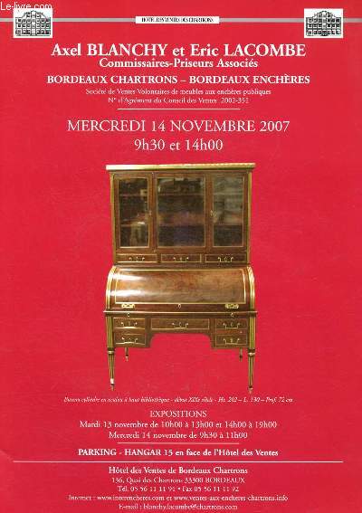 Catalogue de vente aux enchres : 14 novembre 2007 - Htel des ventes de Bordeaux Chartrons : bijoux or, argenterie, mtal argent, objets de vitrine