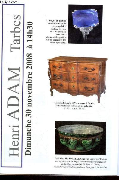 Catalogue de vente aux enchres : 30 novembre 2008 - Tarbes : bague en platine, commode Louis XIV, bijou de jade, jouet mcanique, poupe en porcelaine