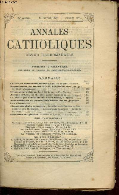 Annales catholiques - 22e anne - 21 janvier 1893 - n1101 : Lettre du Soiuverain Pontife  M. le comte de Mun - Bilan gographique de 1892 - Jeanne d'Arc - La Basilique national du Sacr-Coeur