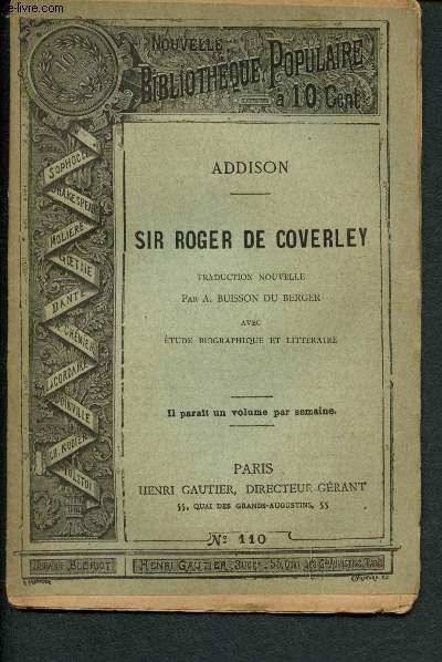 Nouvelle bibliothque populaire n110 : Sir Roger de Coverley, avec Etude biographique et littraire