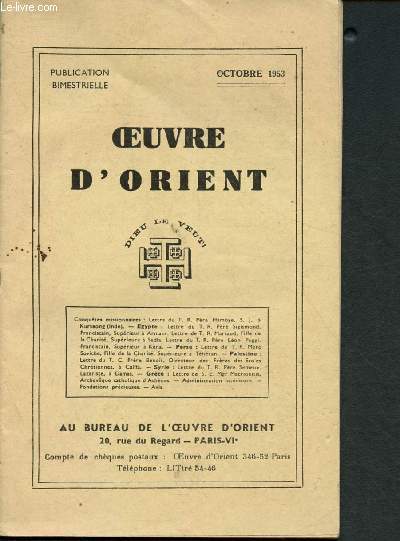 Oeuvres d'Orient n346 - Octobre 1953 :