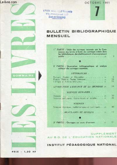 Les livres n7 - octobre 1960 - Supplment au Bulletin Officiel de l'tablissement Nationale